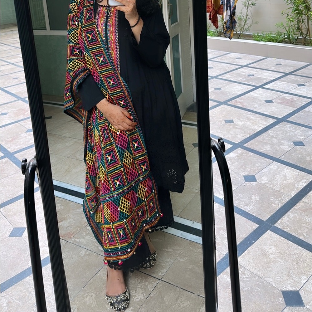 Pakistani Black dress with Multicolor mirror work Embroidered dupatta